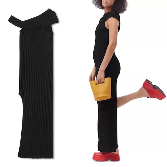 SIMON MILLER Ribbed Knit One Shoulder Sleeveless Bodycon Side Slit Maxi Dress M - Picture 6 of 7